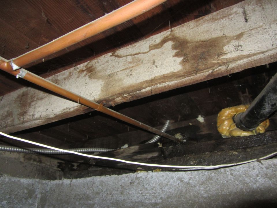 subfloor with copper pipes, black drain pipe, and insulation foam