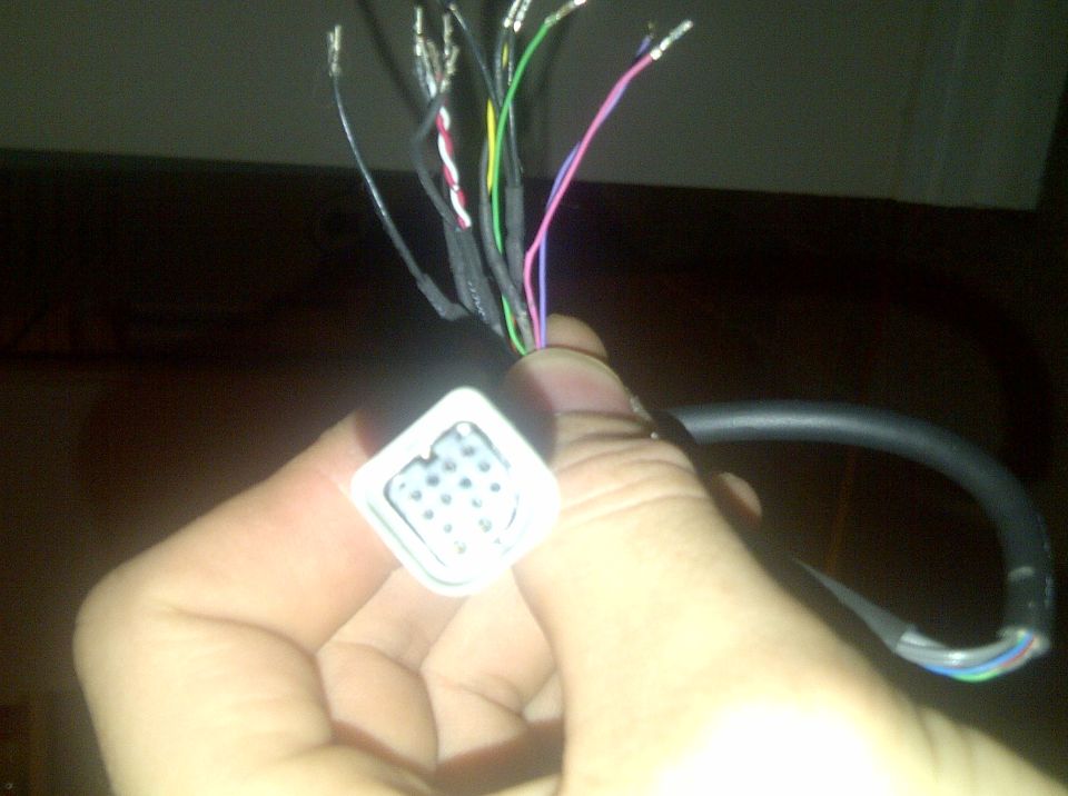 Hand holding a white multi-pin connector with cut-back harness exposing many colored stripped wires