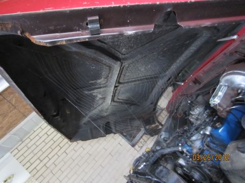 1979 Ford Bronco - The engine bay of a vehicle is covered in cobwebs, with a date stamp of 03/26/2012.