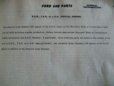 1965 Ford 427 - This document explains how District Code Numbers appear in the DSO space on warranty plates or certification labels for special orders.