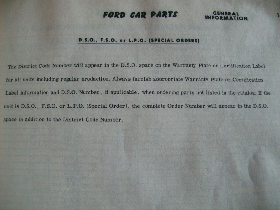 Ford Car Parts document detailing DSO, FSO, or LPO special orders