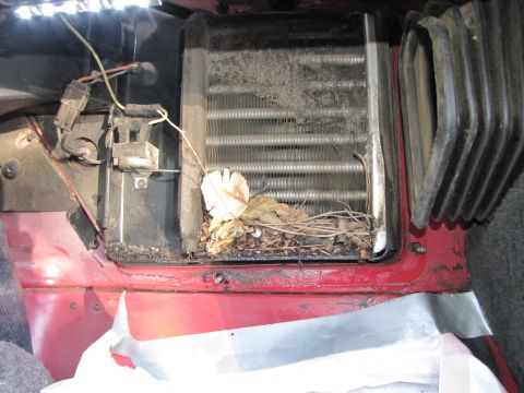 1978 Ford Bronco - The vehicle's AC evaporator core is clogged with dirt, leaves, and nesting material.
