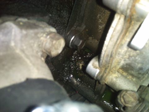 1994 Ford Bronco - A close-up view of a vehicle's engine part shows a leak of green fluid.