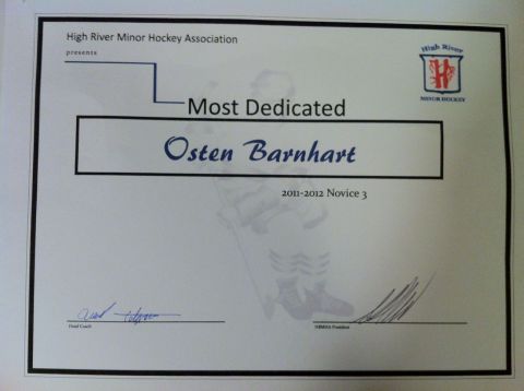 1965 Ford Fairlane - Certificate awarded to Osten Barnhart for Most Dedicated in 2011-2012 Novice 3 hockey.