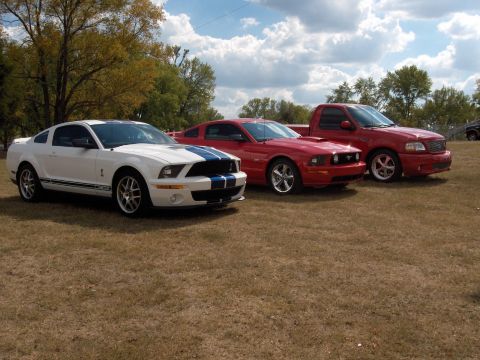 2007 Ford Mustang - Three vehicles, including two Mustangs and a Ford F-150 Lightning, are parked on a grassy field under a partly cloudy sky.