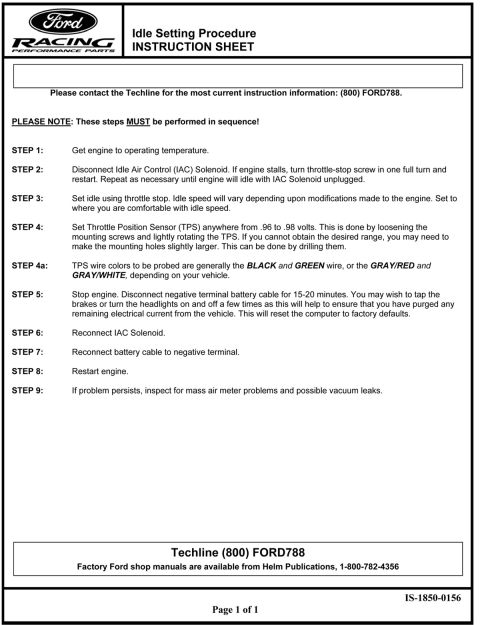 1990 Ford Bronco - Ford Racing idle-setting instruction sheet: disconnect IAC solenoid, set idle via throttle stop, and set TPS to .96-.98 volts in sequence.
