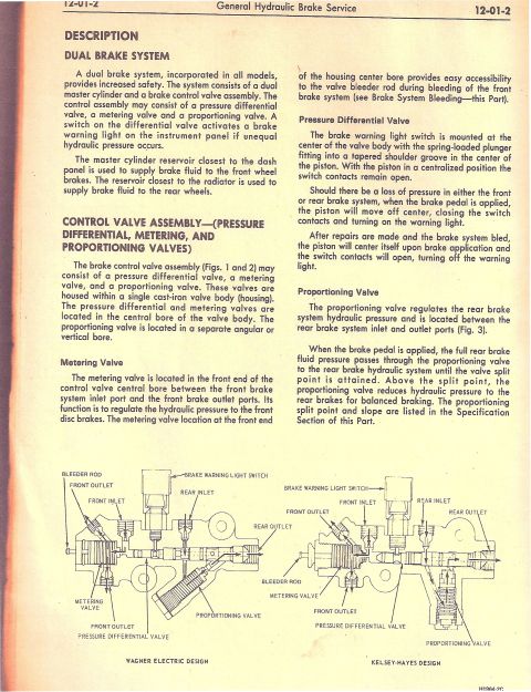 1979 Ford Ranchero - Scanned service manual page covering dual brake system and pressure differential/metering/proportioning valves with control valve figures.
