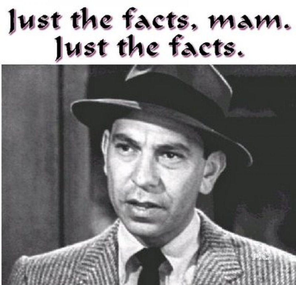 Man in fedora and patterned jacket, looking to the side. Text above reads "Just the facts, mam. Just the facts."