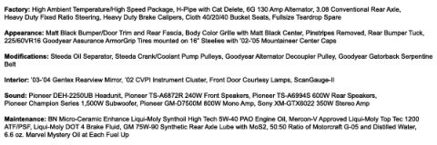 2001 Mercury Grand Marquis - This document details the factory specifications, appearance, modifications, interior, sound system, and maintenance history of a vehicle.