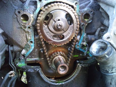 1994 Ford Bronco - Close-up of engine timing chain and gears with visible green fluid leakage.