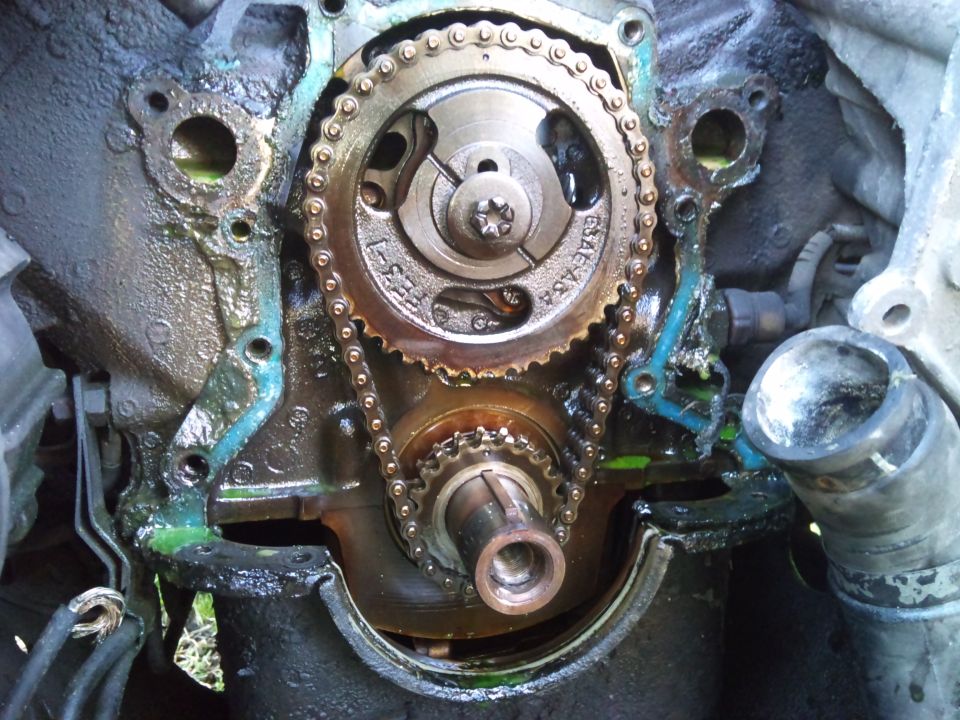 Engine timing chain and gears with green fluid leakage