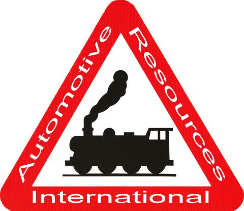 1970 Mercury Cougar - A red triangle warning sign features a black silhouette of a steam train and the text 'Automotive Resources International'.