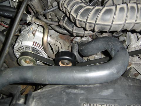 1996 Ford Bronco - Close-up down into an engine bay showing two black molded coolant hoses curving across the front of the engine, with a silver alternator on…