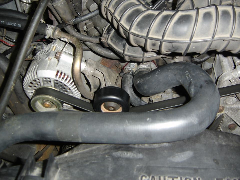 Engine bay close-up of black radiator hoses routed past alternator, idler pulley and ribbed air intake tube