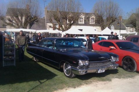 1991 Ford LTD Crown Victoria - A black 1959 Cadillac sedan is parked at an outdoor event next to a red sports car.