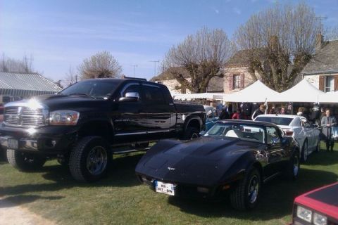 1991 Ford LTD Crown Victoria - A black pickup truck and a black sports car are parked on grass at an outdoor event with tents and buildings in the background.