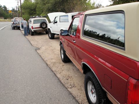 1994 Ford Bronco - Multiple Ford Broncos are parked on the side of a road, with a red one in the foreground.