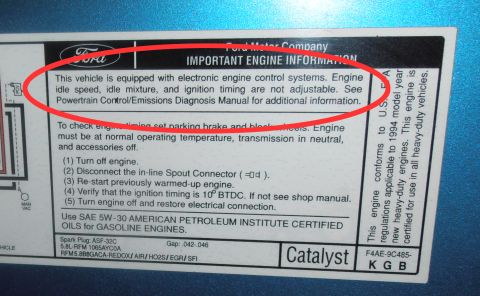 1990 Ford Bronco - This sticker details important engine information and emissions compliance for a 1994 model year vehicle.