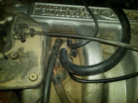 1987 Ford Bronco - Close-up of a Ford electronic fuel injection manifold, showing hoses and throttle cable assembly.