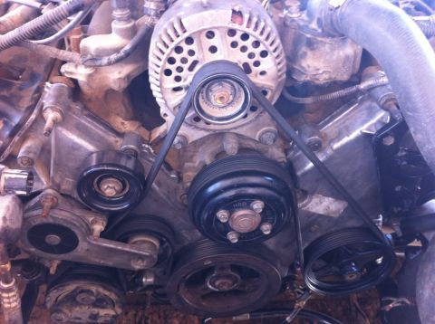 1998 Ford Crown Victoria - Close-up view of a vehicle's engine components, including the serpentine belt system.