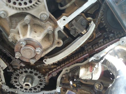 1998 Ford Crown Victoria - Close-up view of internal engine timing components and an oil filter.