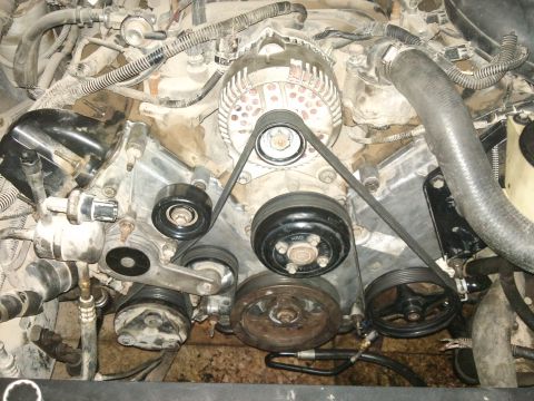 1998 Ford Crown Victoria - The engine's belt system, including the alternator and various pulleys, is visible in this close-up shot.