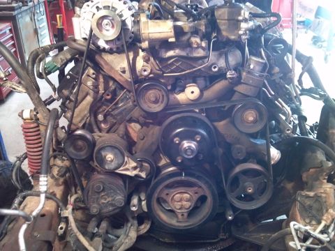 1993 Ford F-150 - Close-up view of a complex engine assembly with numerous belts and pulleys.