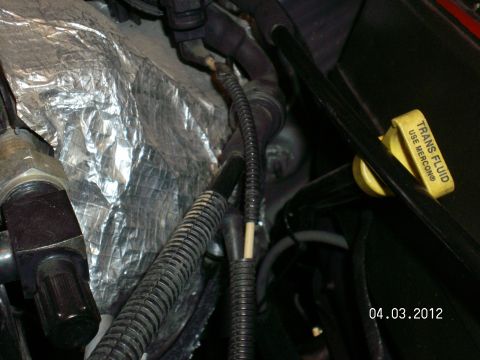 1996 Ford Bronco - Close-up view of engine bay components, including a yellow transmission fluid cap and insulated parts.