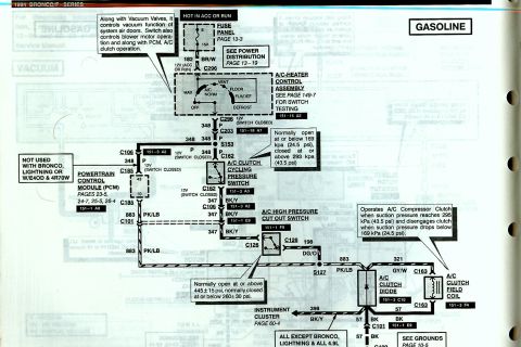 1994 Ford Bronco - This diagram illustrates the electrical connections for a vehicle's air conditioning system, including various switches and the compressor…