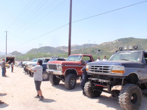 1978 Ford Bronco - Several lifted trucks are parked in a line outdoors, with a 1978 Ford F-Series truck prominently featured.