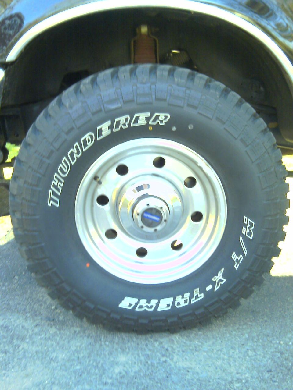 Close-up of a truck wheel with 'THUNDERER' tire text and 'BFGoodrich All-Terrain T/A' sidewall