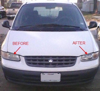 1997 Plymouth Voyager - Comparison of headlights on a 1997 Plymouth Voyager, showing the 'before' and 'after' states.