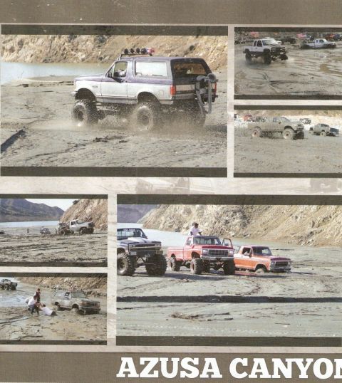 1978 Ford Bronco - Multiple off-road vehicles navigate a challenging terrain, with one truck stuck in the mud.