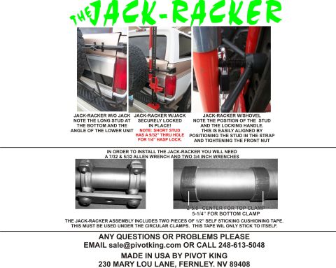 1996 Ford Bronco - Document shows a jack-mount system attached to the rear of a white SUV, with detailed instructions and contact information.