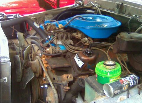 1979 Ford Bronco - Engine bay detail showing air cleaner, fan, and hoses; engine enamel spray paint can is present.