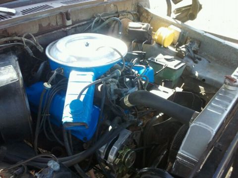 1979 Ford Bronco - The engine bay of a vehicle is shown, blue painted valve covers and a prominent air filter housing.