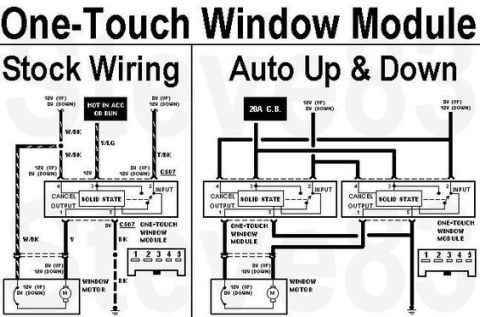 1978 Ford Bronco - This diagram illustrates the wiring differences between a stock window system and an auto up & down one-touch window module.