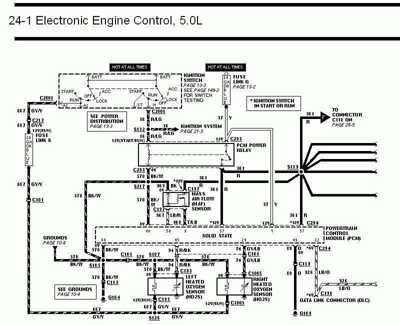 Electronic engine control wiring diagram for 5.0L showing MAF and oxygen sensor circuits