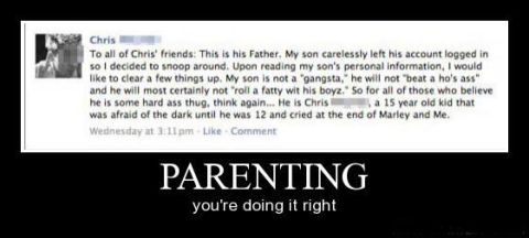 1978 Ford Bronco - A Facebook post discusses a father's snooping on his son's account and his parenting philosophy.