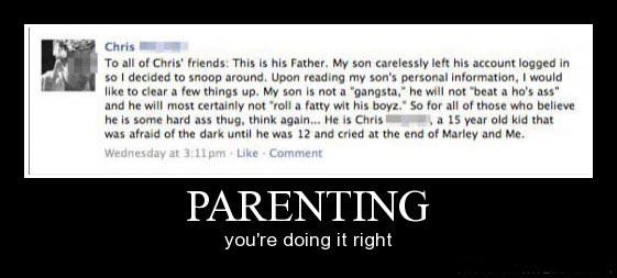 Screenshot of a Facebook post titled 'PARENTING you're doing it right' with text about a son