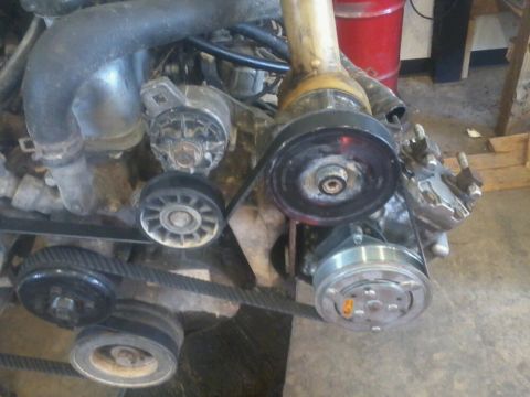 1995 Ford F-150 - york compressor with a serp. belt clutch put on it. and a custom made (by me) bracket that mounts it in place of the factory a/c compressor