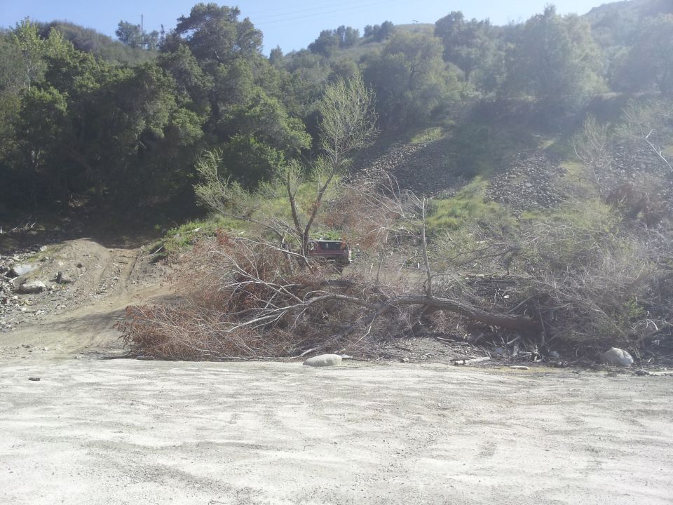 Distant vehicle partially obscured by trees and debris on a hillside