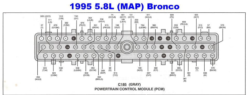 1995 5.8L Bronco PCM gray C185 connector pin-out diagram with wire color codes