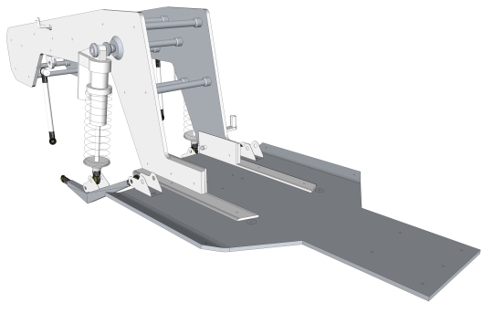 3D CAD render of a custom suspension mount with coil-over shock and skid plate