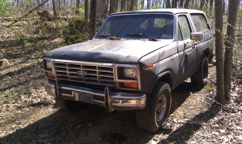 1986 Ford Bronco - This older model Ford Bronco is shown in a wooded area with sunlight filtering through the trees.