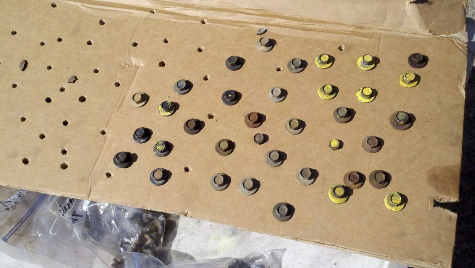 Bolts and nuts organized on cardboard for a motor rebuild