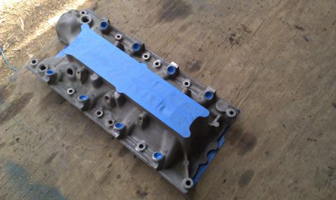 1986 Ford Bronco - Lower intake manifold taped off and ready for paint
