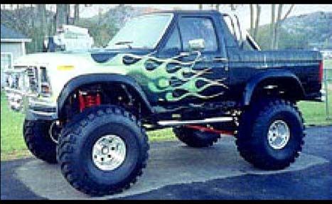 1981 Ford Bronco - This lifted Ford Bronco features custom green flame graphics along its body.