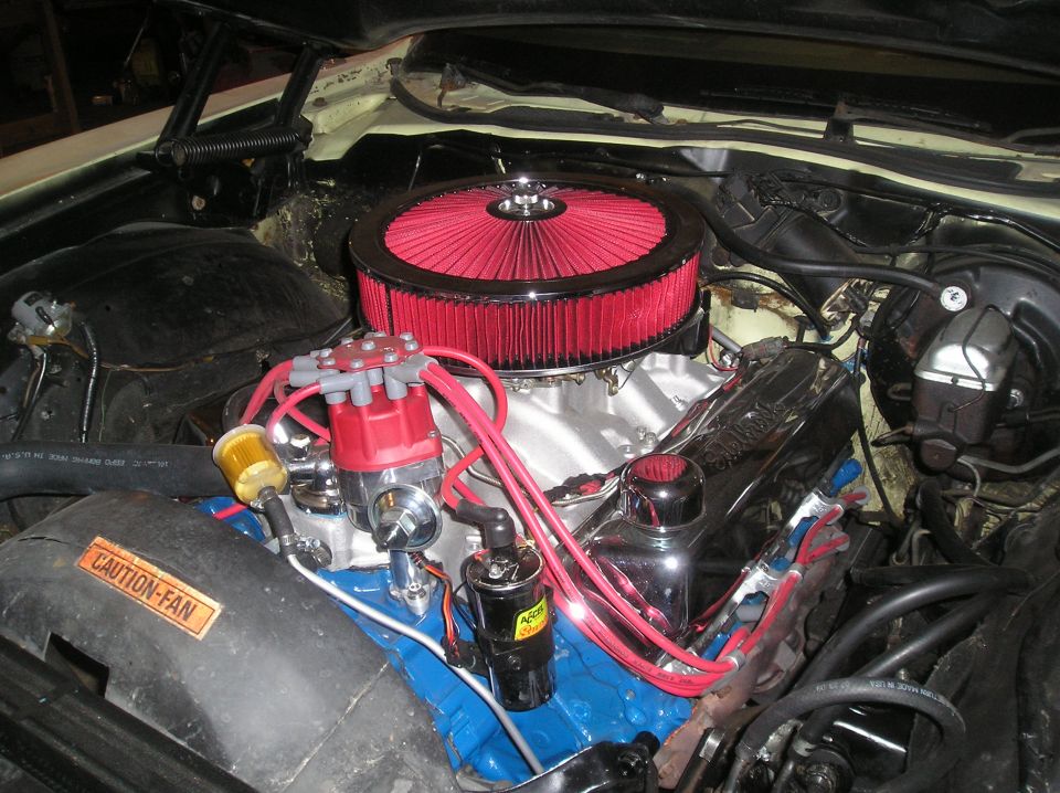 Engine bay with red air filter and distributor cap