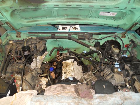 1993 Ford Bronco - The engine bay of a vehicle, showing various hoses, components, and some tools laid out.